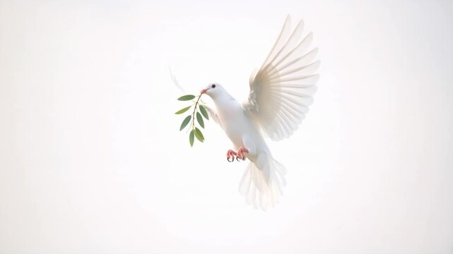 White dove flying with an olive branch in its claws. Symbol of peace, hope, and purity isolated on a white background. Religious Holy Spirit concept with copy space