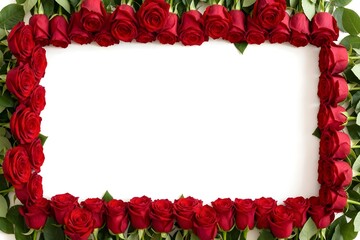 Rectangular frame made of fresh red roses with green leaves forming a border on a white background, creating elegant floral space for greeting text, romantic message or wedding invitation design.