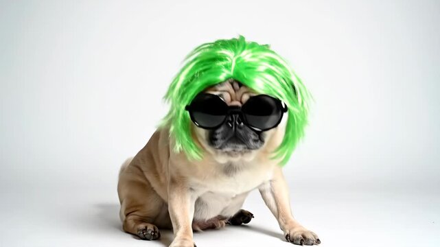Funny pug dog wearing a green wig and sunglasses sitting in a studio. Cute pet in costume for St. Patricks Day party