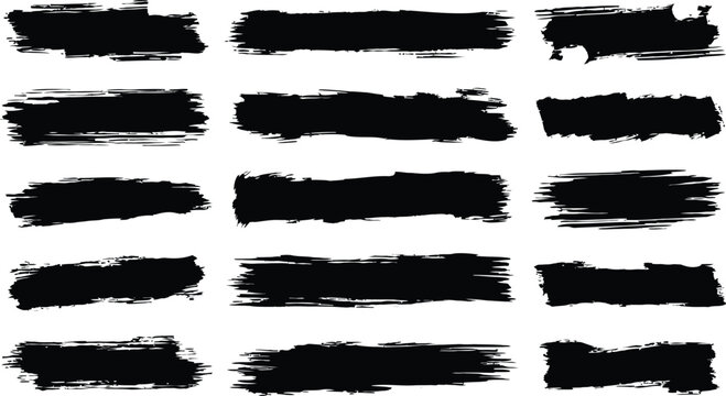 Black grunge brush strokes collection on transparent background for creative design projects and artistic banners