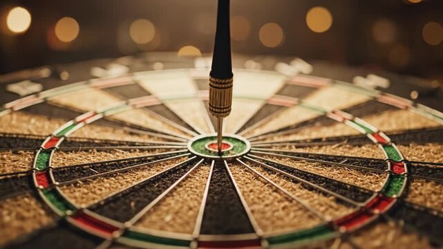 Bullseye dart hitting center of cork dartboard with warm bokeh lighting and focused precision. dart hitting bullseye textured dartboard with warm bokeh lighting conveying focus and achievement