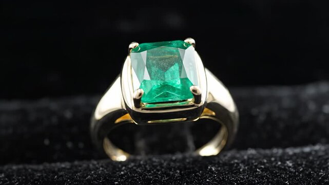 Macro shot of a yellow gold ring with a large square-cut emerald. Luxury jewelry resting in a black velvet box. Rotating view of a precious gemstone. Elegant engagement gift concept