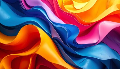 A vibrant abstract composition of geometric shapes and flowing curves in orange, pink, blue, teal, and yellow, with dynamic lighting and shadow interplay creating depth, motion, and visual complexity.
