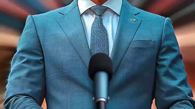 A liberal presidential candidate delivers an inspiring speech from a podium, framed by the American flag. Captures the essence of democracy, leadership, and patriotism.