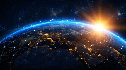 Stunning view of Earth from space, showcasing illuminated city lights, a global network grid, and a radiant sunburst, symbolizing worldwide connectivity