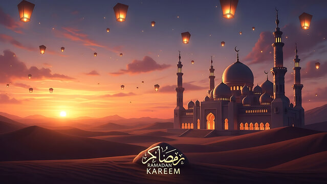 Serene desert mosque at sunset with lanterns in the sky.