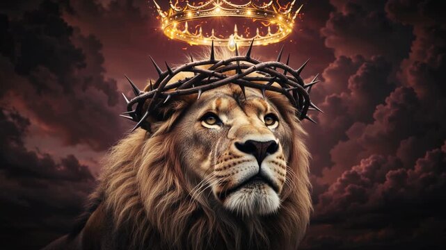 Lion of Judah with a crown of thorns and a glowing golden crown. Symbolic representation of Jesus Christ as king and sacrifice. Cinematic religious illustration of faith and majesty