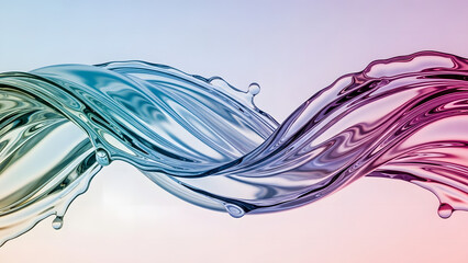 Abstract fluid dynamic splash with intertwined streams of cool blue and warm pink liquid creating a mesmerizing swirl