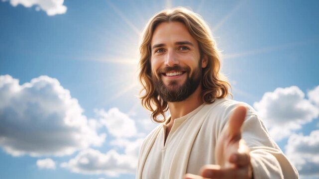 Jesus Christ smiling and reaching out his hand against a bright blue sky. Radiant sunlight creating a halo effect behind his head. Christianity and faith concept