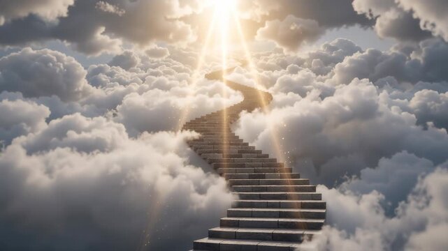 Stone staircase ascending through white clouds towards a bright divine light. Path to heaven and spiritual journey concept. Cinematic animation with golden light rays and copy space