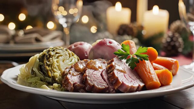 Traditional St. Patrick's Day dinner with corned beef and cabbage. Sliced brisket served with carrots and red potatoes on a white plate. Festive holiday meal with steam and warm bokeh lighting