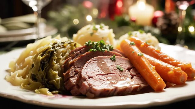 Traditional corned beef and cabbage dinner for St. Patrick's Day. Sliced brisket with carrots and mashed potatoes on a festive table. Irish holiday feast concept