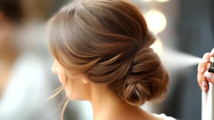 Rear view of bride with stylish updo, faceless stylist spraying hair, wedding preparation concept, beauty salon services, hairstyle advertising, with copy space