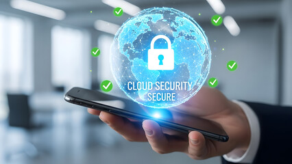 Cloud security secure globe lock icon smartphone hand technology digital network safety internet protection data information futuristic cyber system