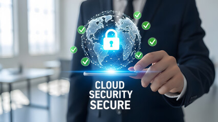 Cloud security secure globe lock icon smartphone hand technology digital network safety internet protection data information futuristic cyber system