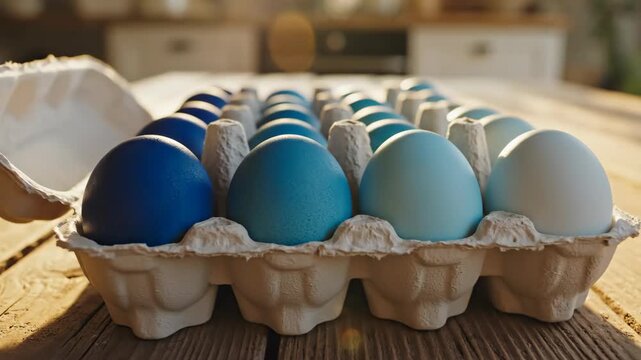 Blue gradient Easter eggs in a carton on a rustic wooden table. Spring holiday preparation with sunlight in a kitchen.