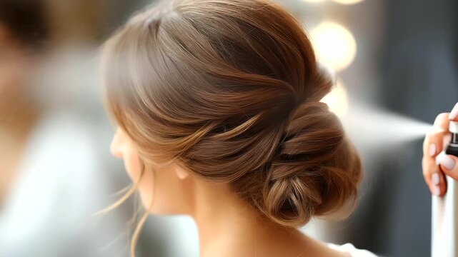 Rear view of bride with stylish updo, faceless stylist spraying hair, wedding preparation concept, beauty salon services, hairstyle advertising, with copy space