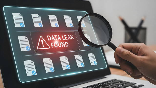 Data leak found magnifying glass laptop hand file document security information protection cyber threat risk alert danger privacy search