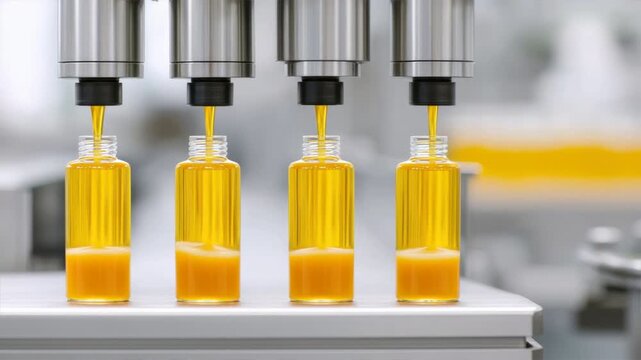 Close-up of a production line filling bottles with yellow liquid, showcasing modern manufacturing technology.