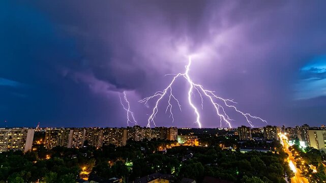 A breathtaking night scene features intense lightning illuminating a city skyline under a stormy sky