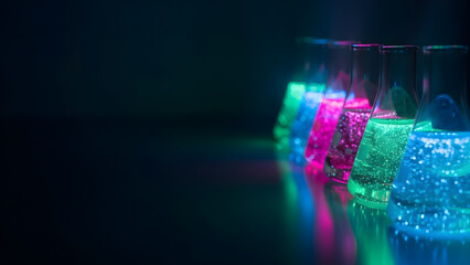 Flask beaker laboratory glass chemical experiment liquid science chemistry fluid research bioluminescence light neon colorful tool biotech pharmacy
