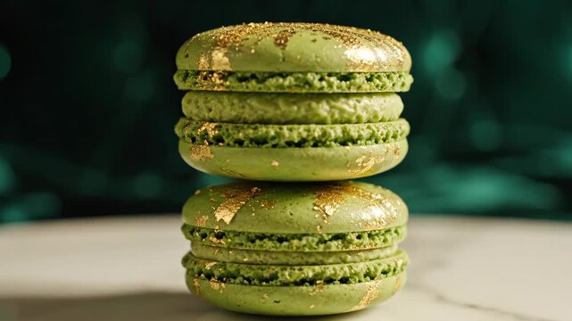 Close-up of two green macarons with gold leaf stacked on a marble table. Luxury French dessert with pistachio or matcha flavor. St. Patrick's Day concept