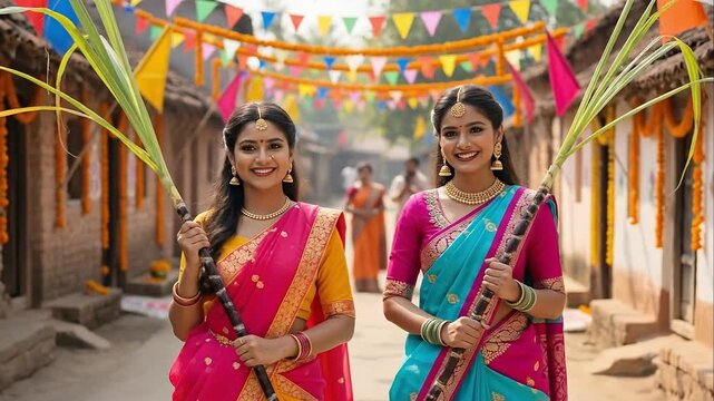 Young Indian Women Smiling, Holding Sugarcane in Traditional Half-Sarees on a Vibrant Village Street for Cultural Festival Blogs, Rural India Awareness, and Educational Content