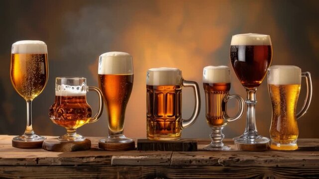 Explore various types of beer in a stunning visual showcase. Different styles and colors come together in this captivating display. Perfect for beer enthusiasts and more. Generative AI