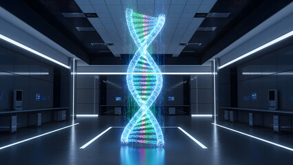 Laboratory room science dna helix genome light neon future research workspace office biology biotechnology medical chemistry