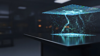 Particle cloud hologram grid data table office dark technology analytics business research science future digital interface