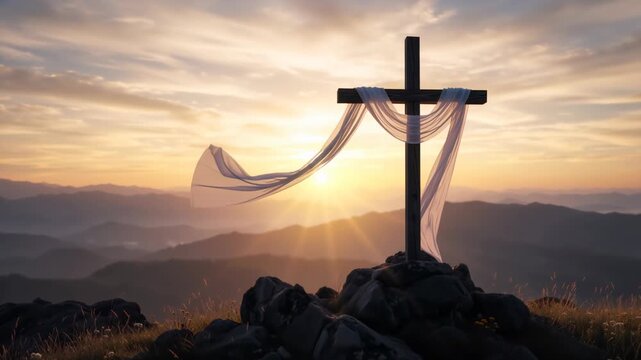 Wooden cross with white cloth blowing in the wind at sunrise. Christian resurrection and Easter concept on a mountain peak. Silhouette of a cross against a golden sky