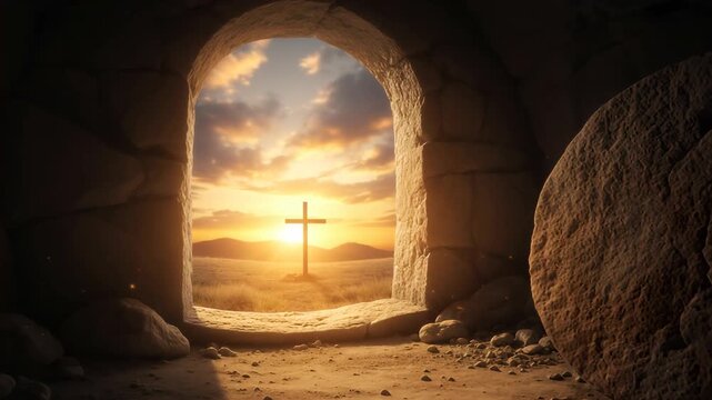 Empty tomb of Jesus with the stone rolled away at sunrise. Silhouette of the cross on a hill in the distance. Resurrection of Christ and Easter Sunday concept. Cinematic religious illustration
