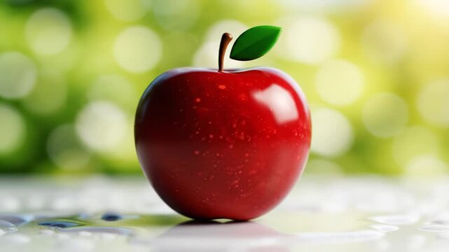 Red glossy fruit apple with macro ripe fresh leaf stem and green glass pebble on wet surface bokeh reflection with floating green leaf water droplets morning dew vibrant texture