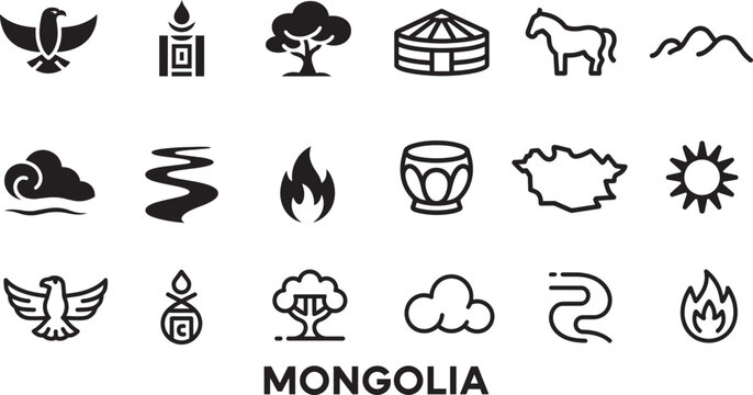 Mongolia icon set: asian culture symbols collection for travel guide and map design elements