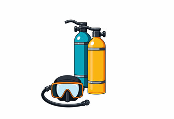 Obraz premium Illustration of Scuba Diving Gear with Colorful Oxygen Tanks and Mask for Underwater Exploration Adventures