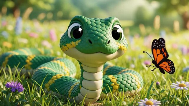 Adorable cartoon snake and butterfly in a sunny meadow, bringing a touch of nature's magic and whimsy to your day
