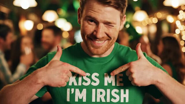 Happy man wearing a green Kiss Me I'm Irish t-shirt in a pub. Redhead male pointing at slogan and winking during a St. Patrick's Day celebration