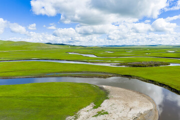 Aerial view magnificent scenery of the meandering rivers in the Hulunbuir Grassland of Inner Mongolia, China