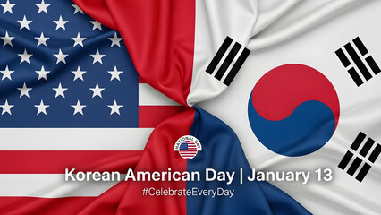 A vibrant image celebrating Korean American Day on January 13, featuring the American flag and the South Korean flag intertwined, symbolizing unity and cultural heritage.