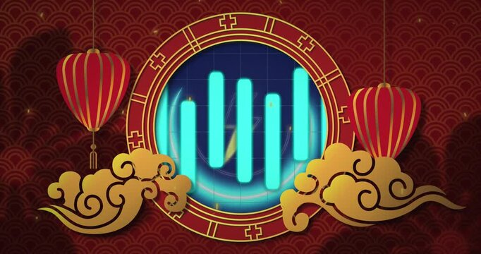 Animation of round frame with oriental lanterns over data processing