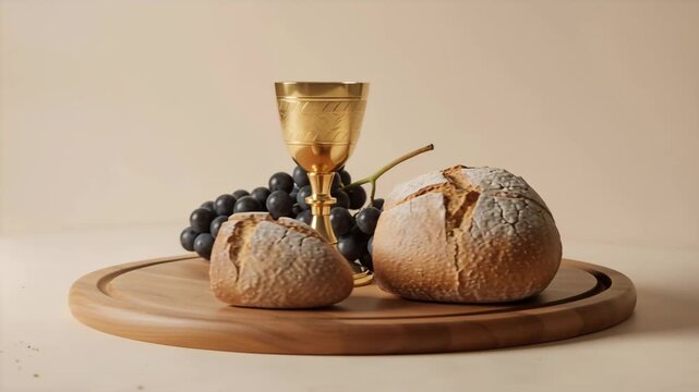 Holy communion elements on a wooden board. Golden chalice with bread and dark grapes rotating in a 360-degree shot. Eucharist and Last Supper concept. Cinematic still life of religious symbols