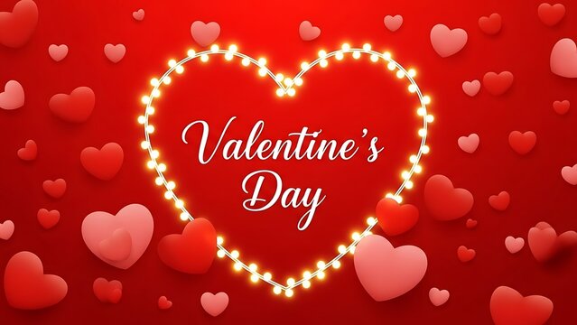 Valentine's Day background with heart shape light string and floating hearts.