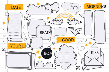 Assortment of hand-drawn vision board elements like speech bubbles, notes, stars, and a rainbow, isolated on a transparent background for creative planning.
