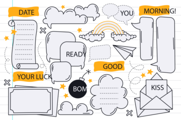 Assortment of hand-drawn vision board elements like speech bubbles, notes, stars, and a rainbow, isolated on a transparent background for creative planning.