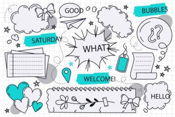 Collection of hand-drawn elements for vision boards and scrapbooking, featuring speech bubbles, hearts, and decorative accents, isolated on a transparent background.