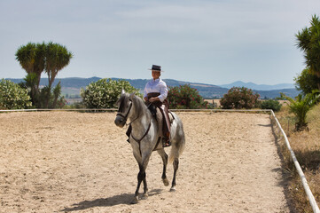 A young, beautiful Spanish woman dressed in riding clothes and wearing a traditional Spanish hat, riding a horse in the countryside on a sunny day.
