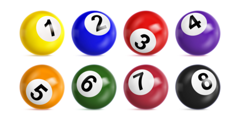 Eight colorful bingo lottery balls numbered 1 through 8, with realistic shading and highlights, isolated on transparent background, representing games of chance and luck.