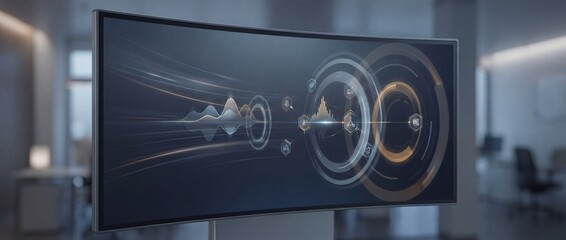 Modern office screen displaying abstract digital graphics and data visualization in a sleek, contemporary setting