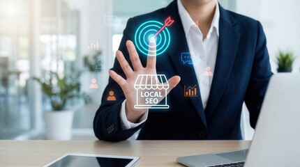 A business professional interacts with a glowing local SEO marketing concept hologram displaying target and shop icons in a bright modern office setting