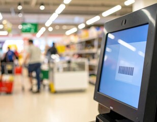 Self checkout machine screen with barcode in supermarket